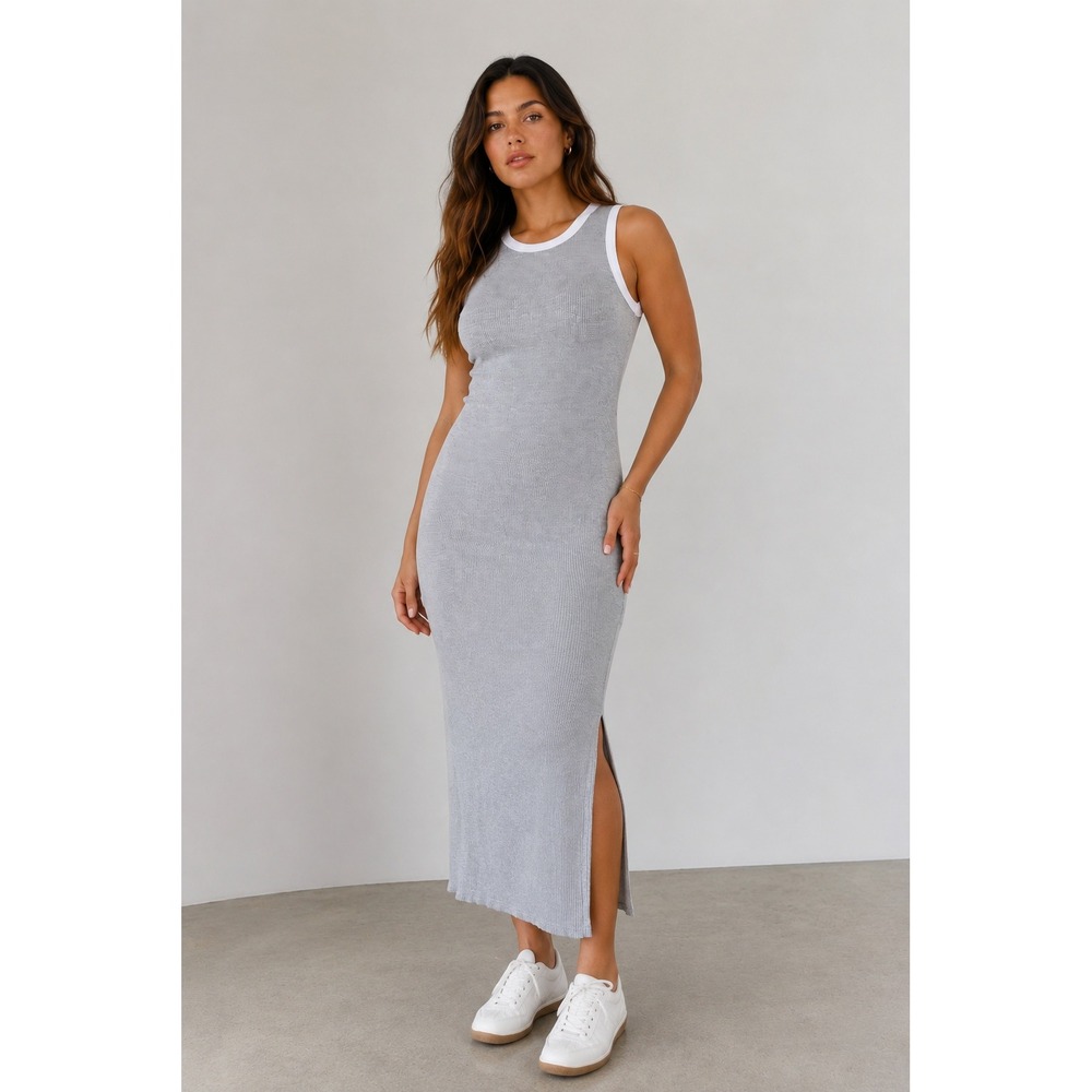 Justify Gray Ribbed Midi Tank Dress XL White Trim Bodycon Y2K 90s‎ Minimalist